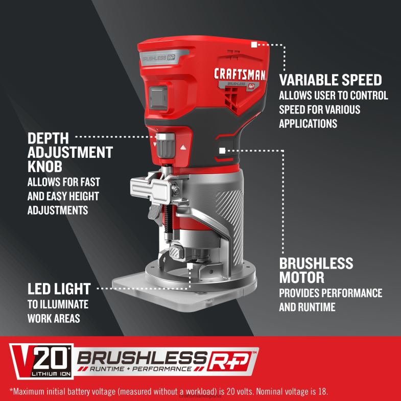 CRAFTSMAN Enrutador inalámbrico fijo sin escobillas de velocidad variable de 1/4 de pulgada (herramienta básica) Herramientas eléctricas 4DTRH97