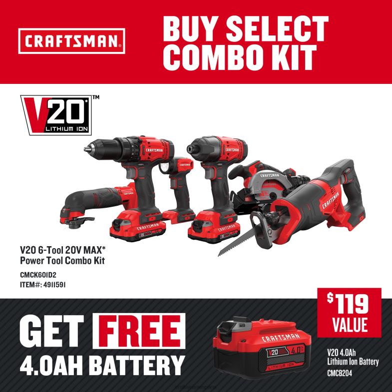 CRAFTSMAN Kit combinado de herramientas eléctricas de 6 herramientas con estuche blando (2 baterías incluidas y cargador incluido) Herramientas eléctricas 4DTRH1