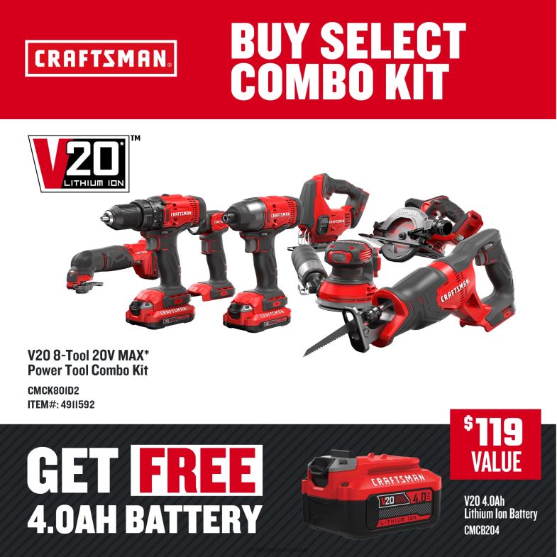 CRAFTSMAN Kit combinado de herramientas eléctricas de 8 herramientas con estuche blando (2 baterías incluidas y cargador incluido) Herramientas eléctricas 4DTRH4