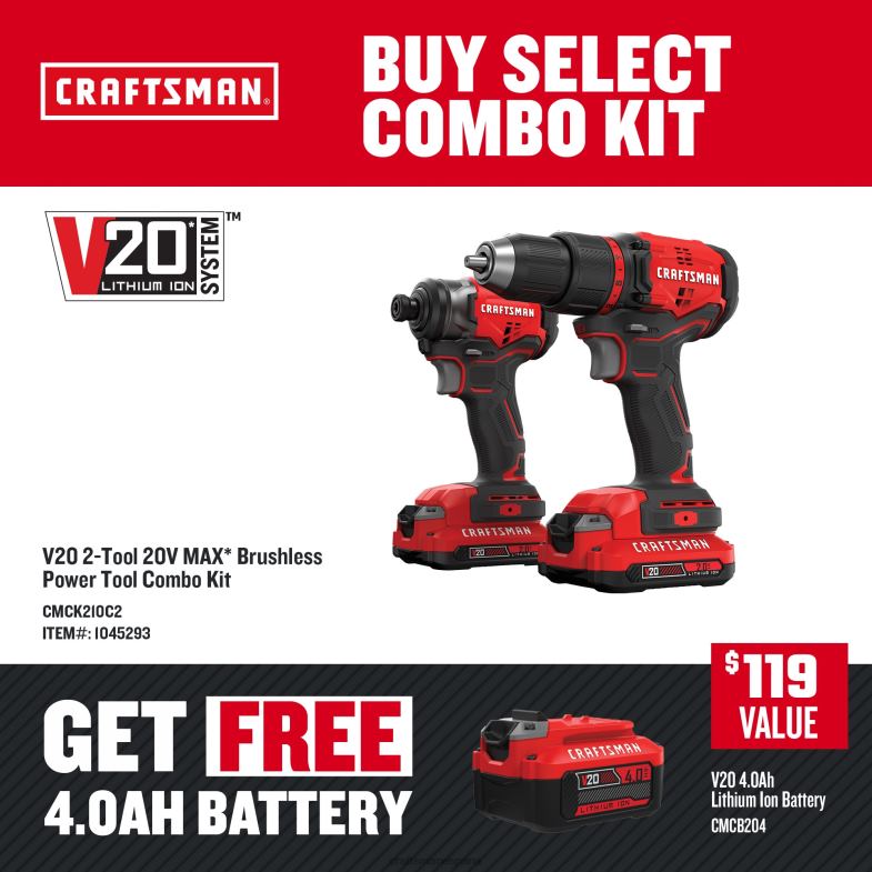 CRAFTSMAN Kit combinado de herramientas eléctricas sin escobillas de 2 herramientas con estuche blando (2 baterías incluidas y cargador incluido) Herramientas eléctricas 4DTRH18