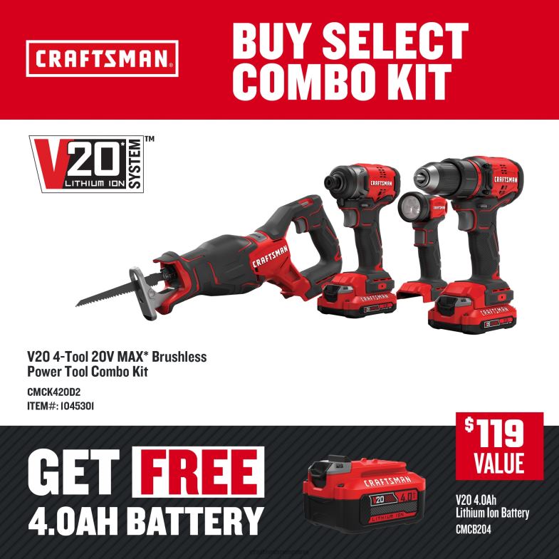 CRAFTSMAN Kit combinado de herramientas eléctricas sin escobillas de 4 herramientas con estuche blando (2 baterías incluidas y cargador incluido) Herramientas eléctricas 4DTRH32