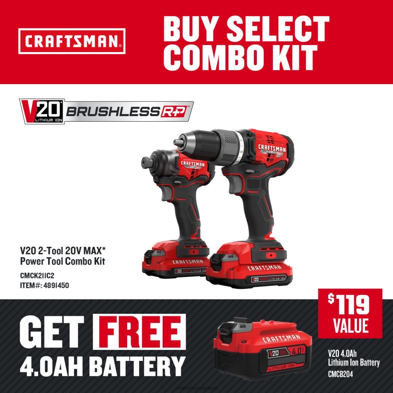 CRAFTSMAN Kit combinado de herramientas eléctricas sin escobillas v20 rp de 2 herramientas con estuche blando (2 baterías incluidas y cargador incluido) Herramientas eléctricas 4DTRH14