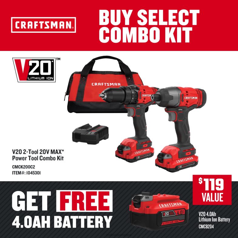 CRAFTSMAN Kit combinado de herramientas eléctricas v20 de 2 herramientas con estuche blando (2 baterías incluidas y cargador incluido) Herramientas eléctricas 4DTRH2