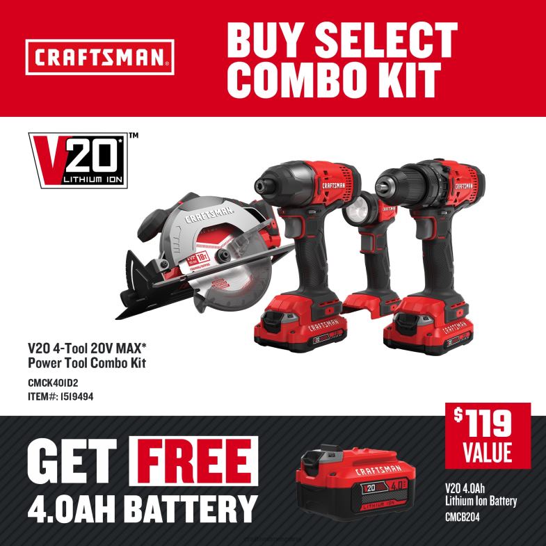 CRAFTSMAN Kit combinado de herramientas eléctricas v20 de 4 herramientas (2 baterías incluidas y cargador incluido) Herramientas eléctricas 4DTRH10