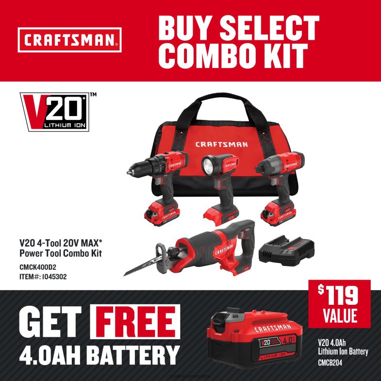 CRAFTSMAN Kit combinado de herramientas eléctricas v20 de 4 herramientas con estuche blando (2 baterías incluidas y cargador incluido) Herramientas eléctricas 4DTRH15