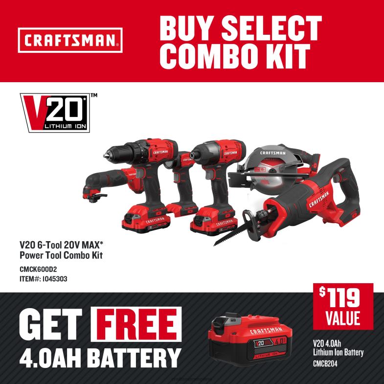 CRAFTSMAN Kit combinado de herramientas eléctricas v20 de 6 herramientas con estuche blando (2 baterías incluidas y cargador incluido) Herramientas eléctricas 4DTRH6