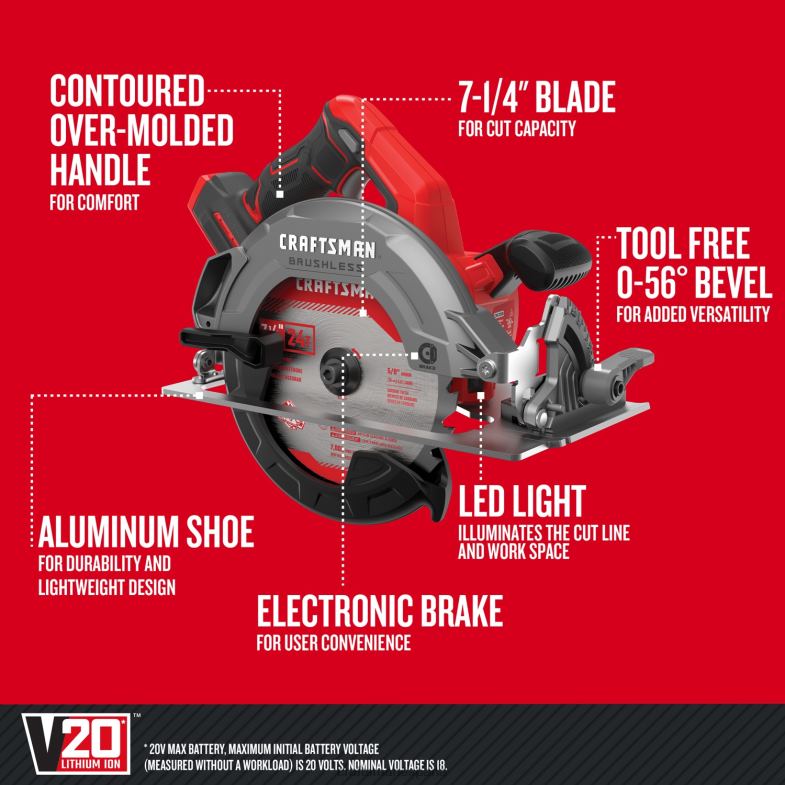 CRAFTSMAN Kit de batería para herramienta eléctrica y sierra circular inalámbrica sin escobillas v20 de 20 voltios máx 7-1/4 pulgadas (incluido) Herramientas eléctricas 4DTRH73