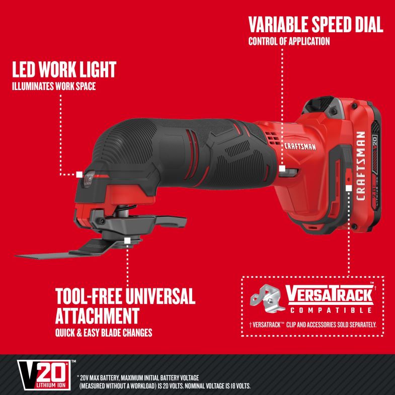 CRAFTSMAN Kit de herramientas oscilantes de 11 piezas inalámbrico v20 de velocidad variable máxima de 20 voltios con estuche blando (1 batería incluida) Herramientas eléctricas 4DTRH99