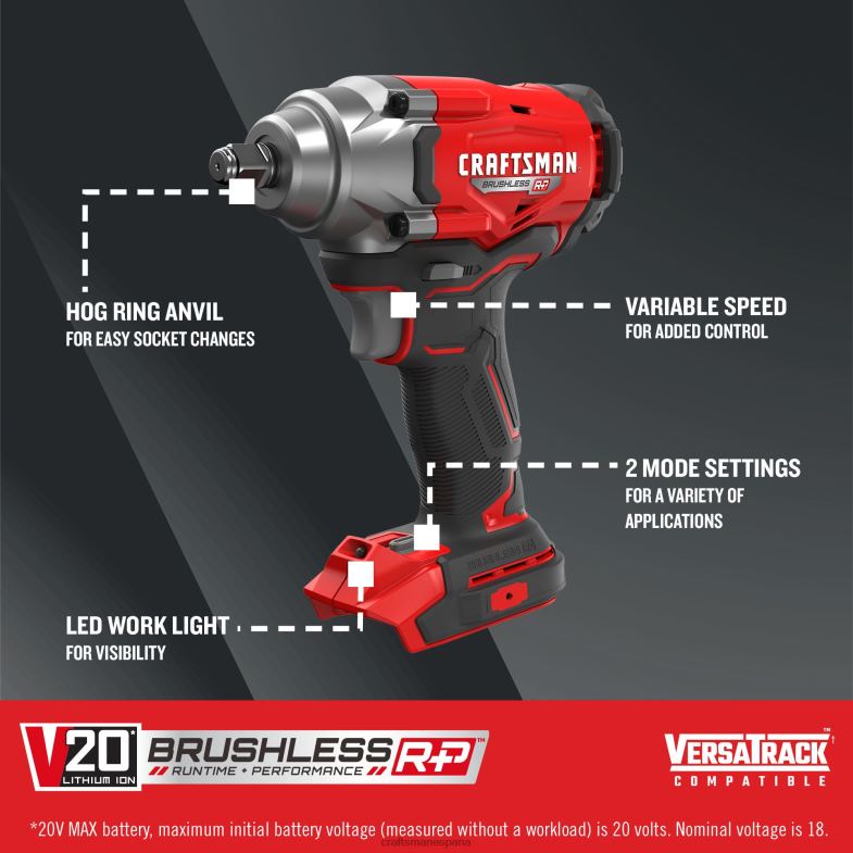 CRAFTSMAN Llave de impacto inalámbrica con accionamiento de 1/2 pulgada sin escobillas de velocidad variable máxima de 20 voltios (herramienta básica) Herramientas eléctricas 4DTRH7