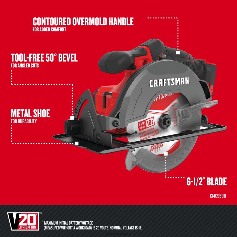 CRAFTSMAN Sierra circular compacta inalámbrica v20 de 20 voltios máx de 6-1/2 pulgadas (herramienta básica) Herramientas eléctricas 4DTRH28