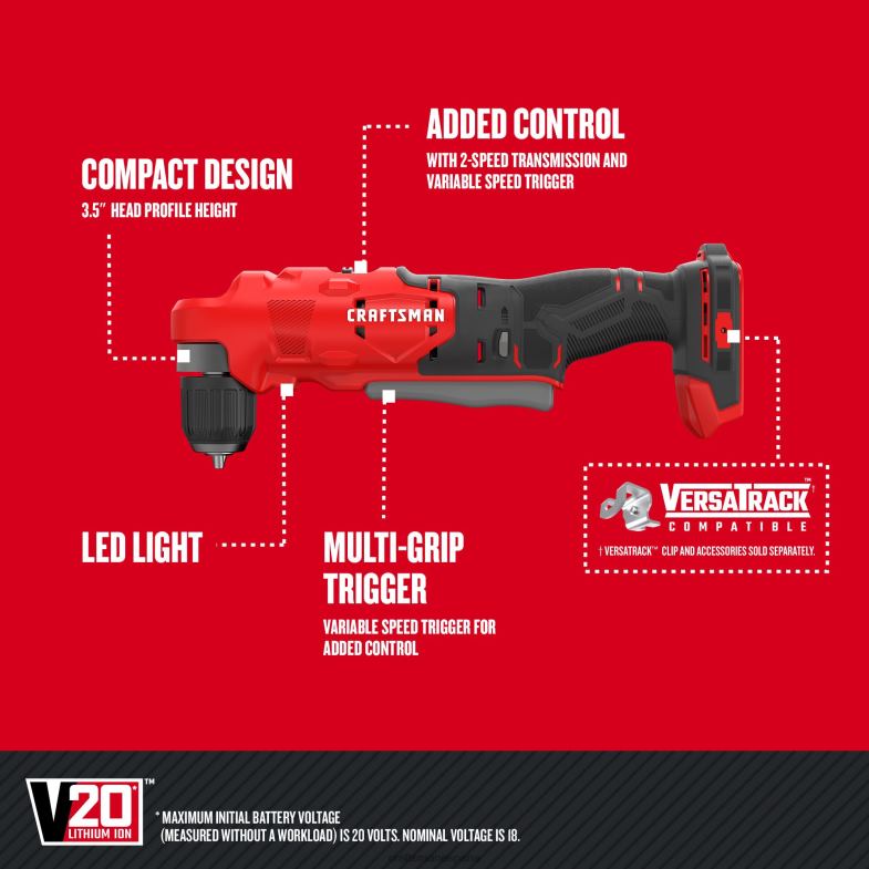 CRAFTSMAN Taladro inalámbrico de ángulo recto v20 de 20 voltios y 3/8 pulgadas Herramientas eléctricas 4DTRH113