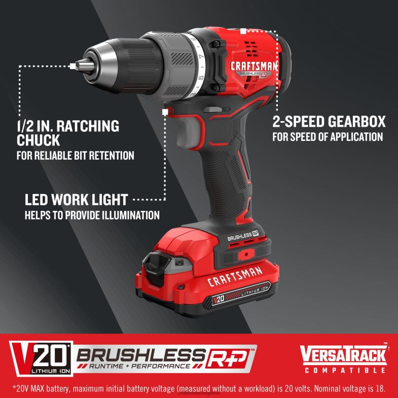 CRAFTSMAN Taladro inalámbrico sin escobillas v20 rp de 20 voltios máx de 1/2 pulgada (2 baterías incluidas cargador incluido y bolsa blanda incluida) Herramientas eléctricas 4DTRH13