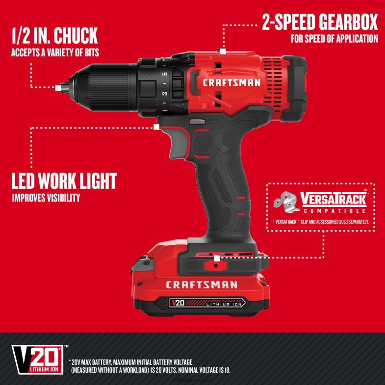 CRAFTSMAN Taladro inalámbrico v20 de 20 voltios máx de 1/2 pulgada (1 batería incluida cargador incluido) Herramientas eléctricas 4DTRH148