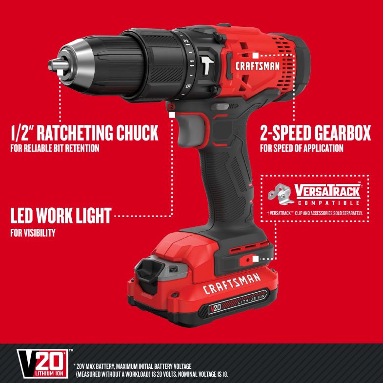 CRAFTSMAN Taladro percutor inalámbrico de velocidad variable y amperaje máximo de 20 voltios y 1/2 pulgada (2 baterías incluidas) Herramientas eléctricas 4DTRH163