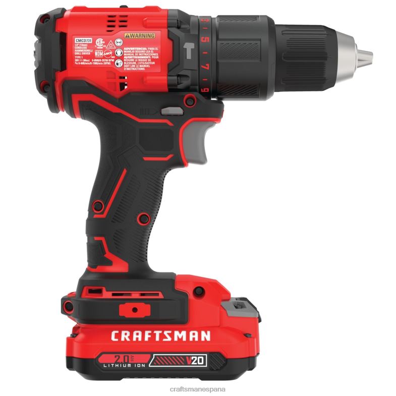 CRAFTSMAN v20 Taladro percutor inalámbrico sin escobillas de velocidad variable y 20 voltios de amperaje máximo de 1/2 pulgada (2 baterías incluidas) Herramientas eléctricas 4DTRH167