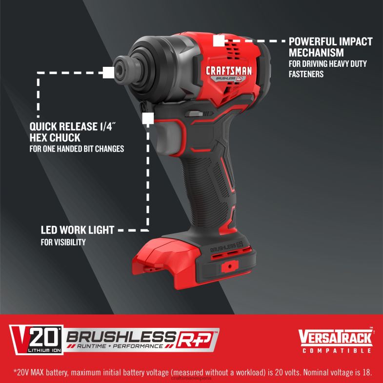 CRAFTSMAN v20 rp Atornillador de impacto inalámbrico sin escobillas de 20 voltios máx de 1/4 de pulgada Herramientas eléctricas 4DTRH114