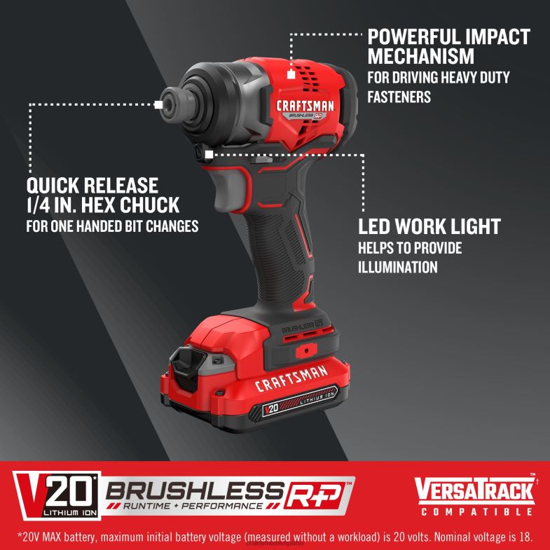 CRAFTSMAN v20 rp Controlador de impacto inalámbrico sin escobillas de 20 voltios máximo (2 baterías incluidas cargador incluido y bolsa blanda incluida) Herramientas eléctricas 4DTRH164