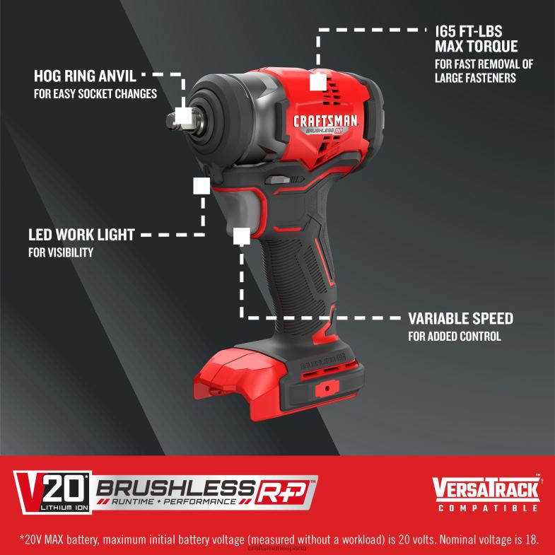 CRAFTSMAN v20 rp Llave de impacto inalámbrica con accionamiento de 3/8 pulgadas velocidad variable máxima sin escobillas 20 voltios (herramienta básica) Herramientas eléctricas 4DTRH27