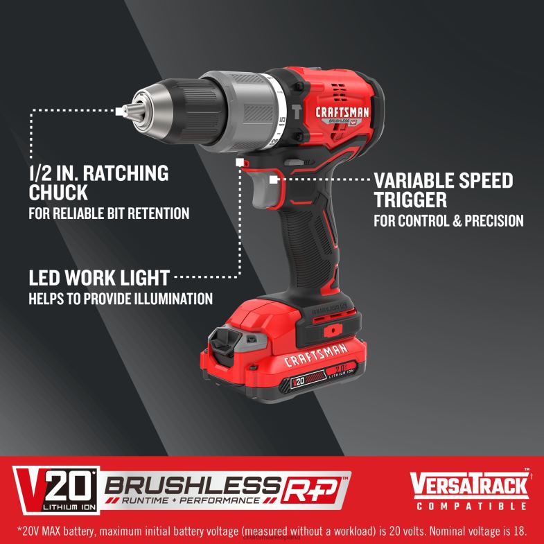 CRAFTSMAN v20 rp Taladro percutor inalámbrico híbrido sin escobillas velocidad variable 1/2 pulg 20 voltios de amperaje máximo (2 baterías incluidas) Herramientas eléctricas 4DTRH171