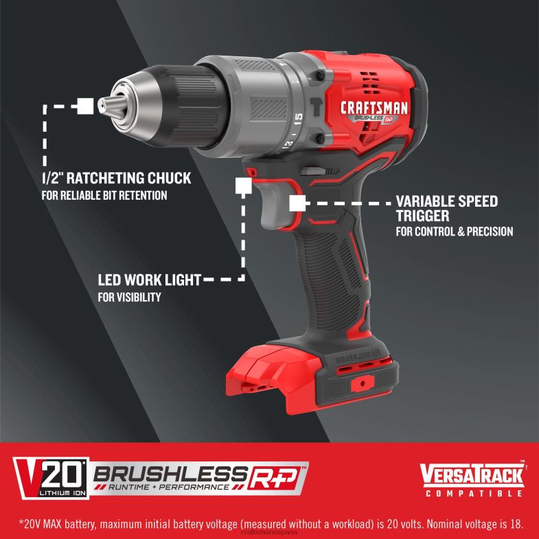 CRAFTSMAN v20 rp Taladro percutor inalámbrico sin escobillas velocidad variable 1/2 pulg 20 voltios amperaje máximo (herramienta básica) Herramientas eléctricas 4DTRH107